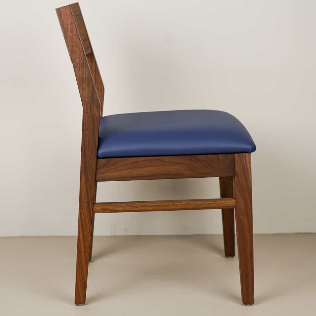 blueberry faux leather seat on walnut chair