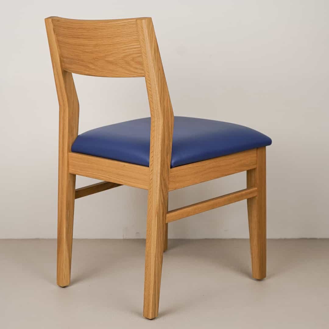 blueberry faux leather seat on natural oak chair