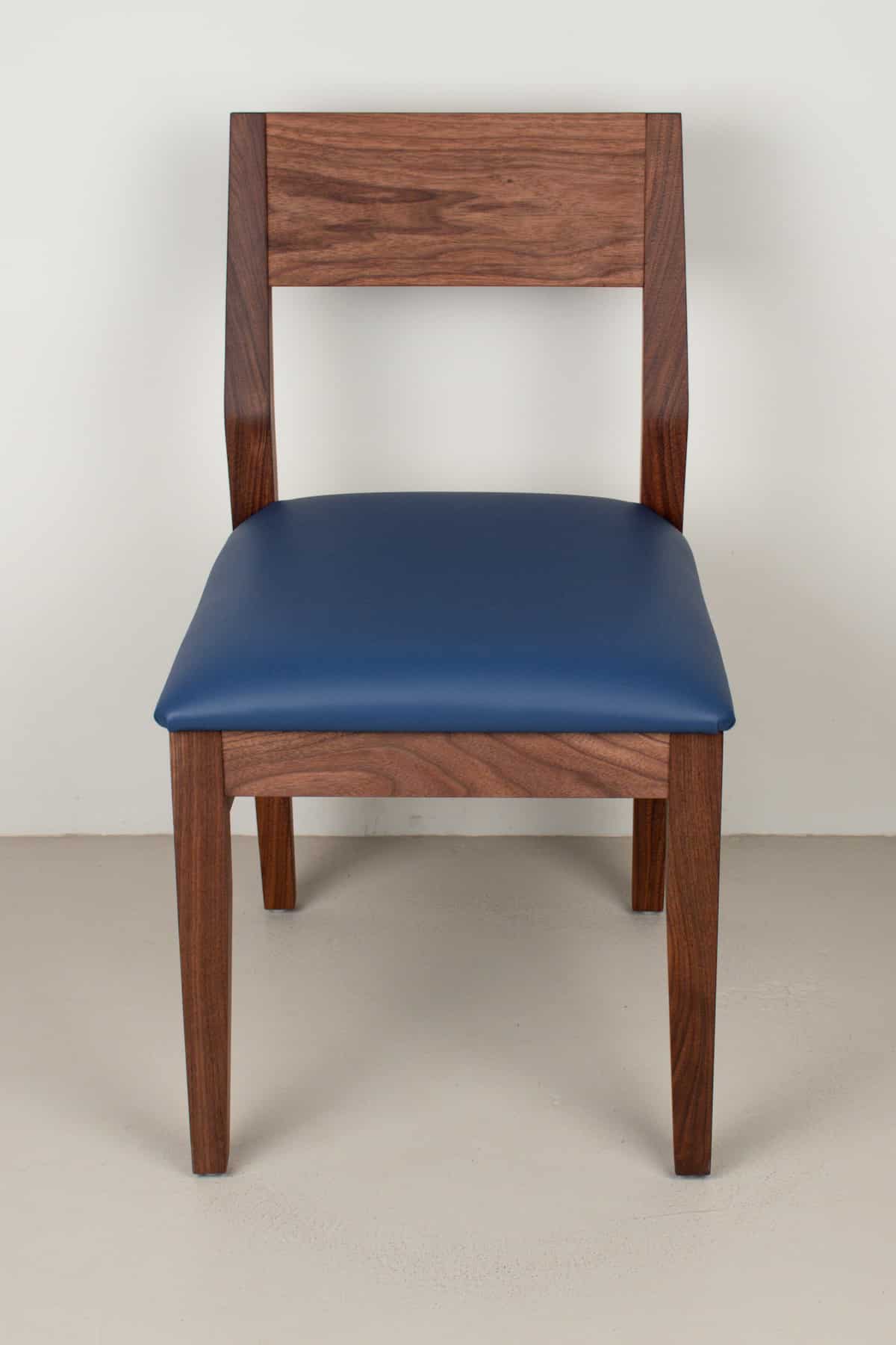blueberry faux leather seat on walnut chair