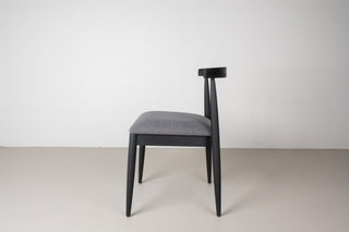 midcentury oak dining chair with medium gray fabric seat