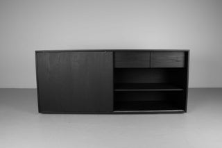 wood sideboard made with black ash with 2 drawers and 4 shelves