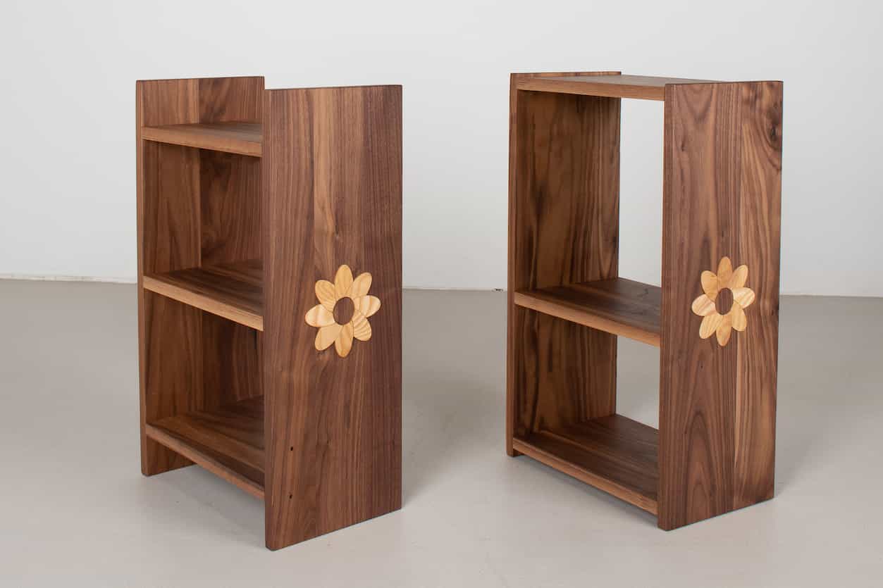 bookshelves with flower inlay