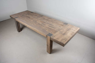 extendable farmhouse kitchen table in rustic maple on modern parsons base