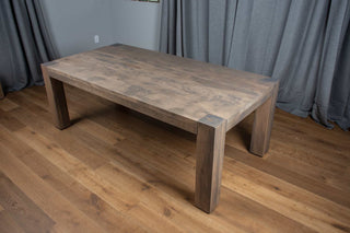 extendable farmhouse kitchen table in rustic maple on modern parsons base