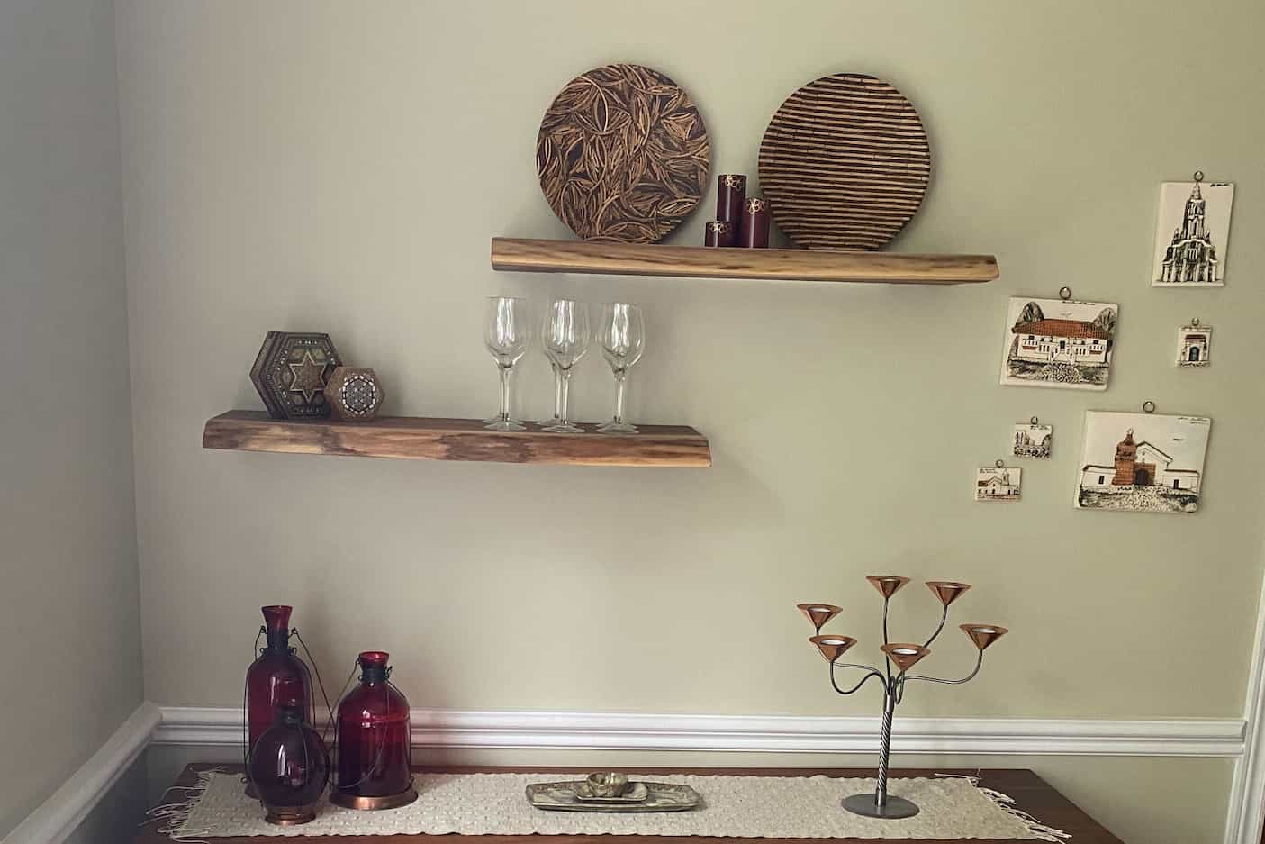 live edge walnut floating shelves
