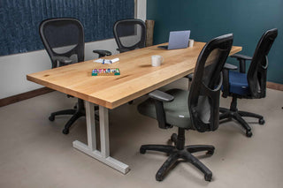 maple conference table on white steel legs 