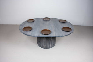 maple round extension table in gray on pedestal base