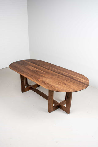 midcentury walnut oval table on pedestal base