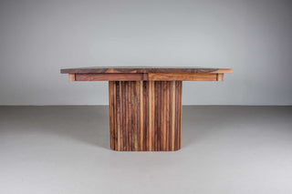 square walnut expandable table on fluted midcentury base