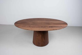 walnut elliptical oval table on cone pedestal base