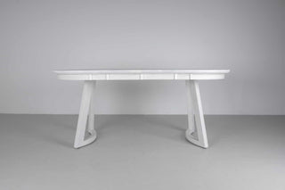 small white ash extendable oval dining table on curved chevron legs