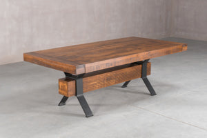 rustic maple table with wood beam trestle base