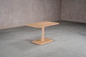 small wood pedestal table for a kitchen banquette