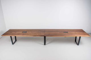 16 foot walnut conference table on black steel atlin legs