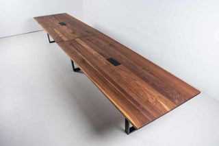 16 foot walnut conference table on black steel atlin legs