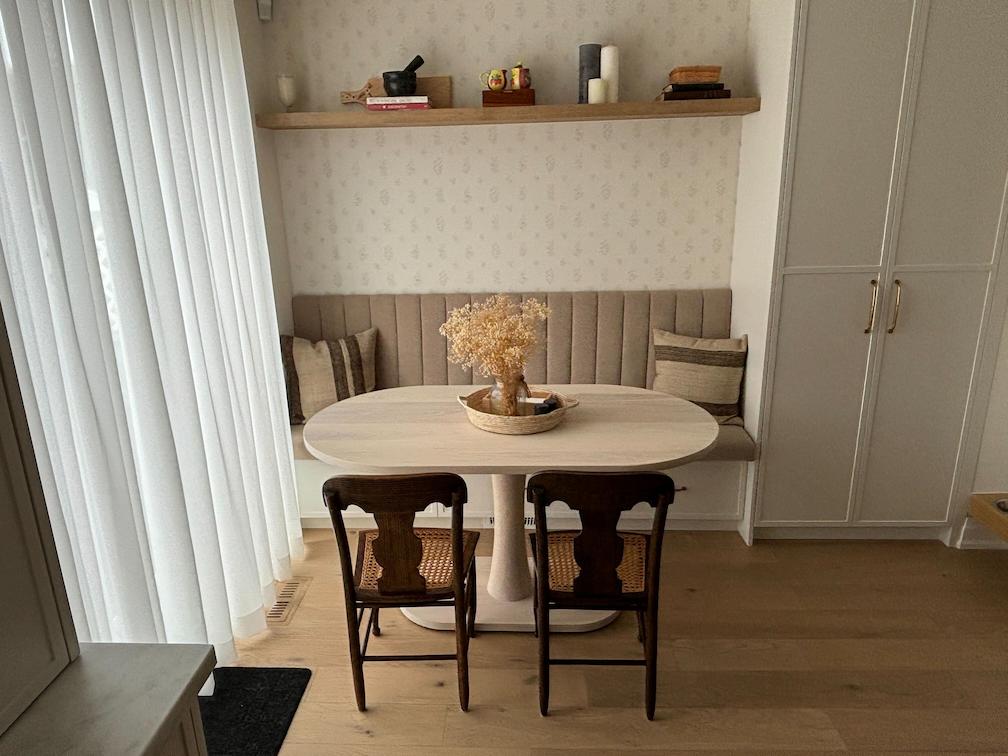 white ash table for a banquette
