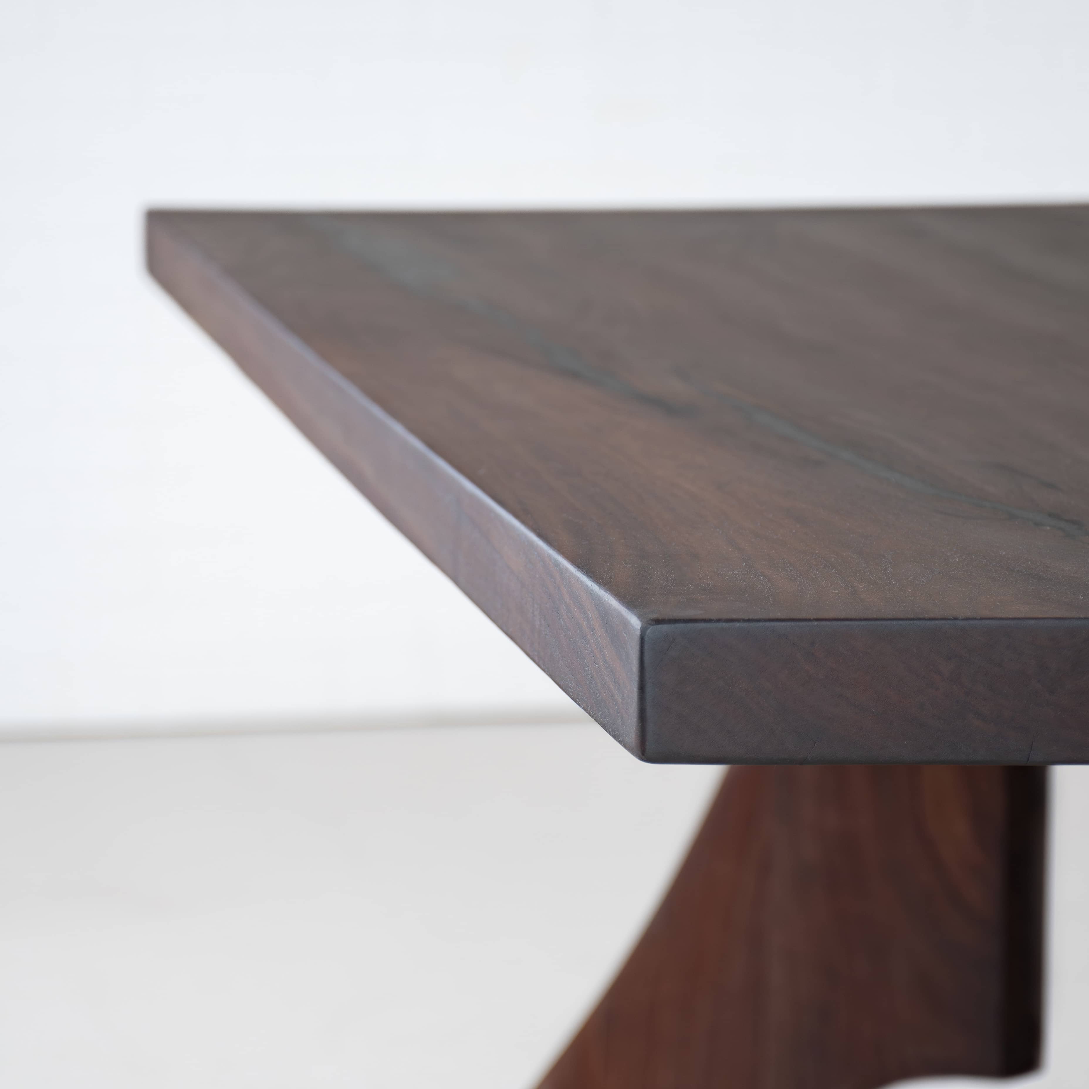 walnut rectangle bookmatch dining table, side view to show edge