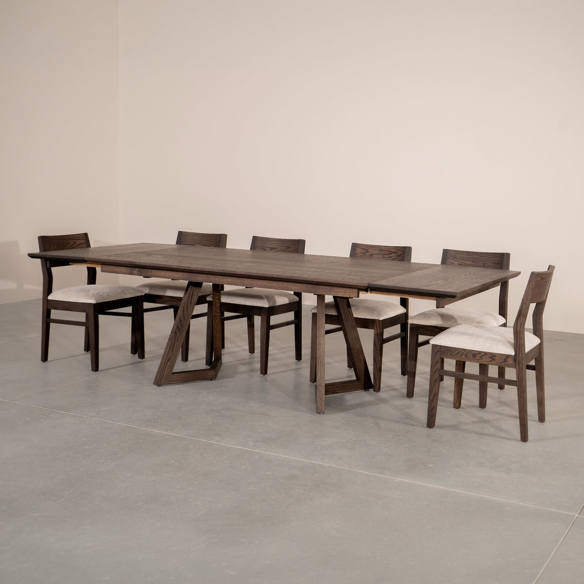 extendable Red Oak table 42” wide x  84” long, with 2-18