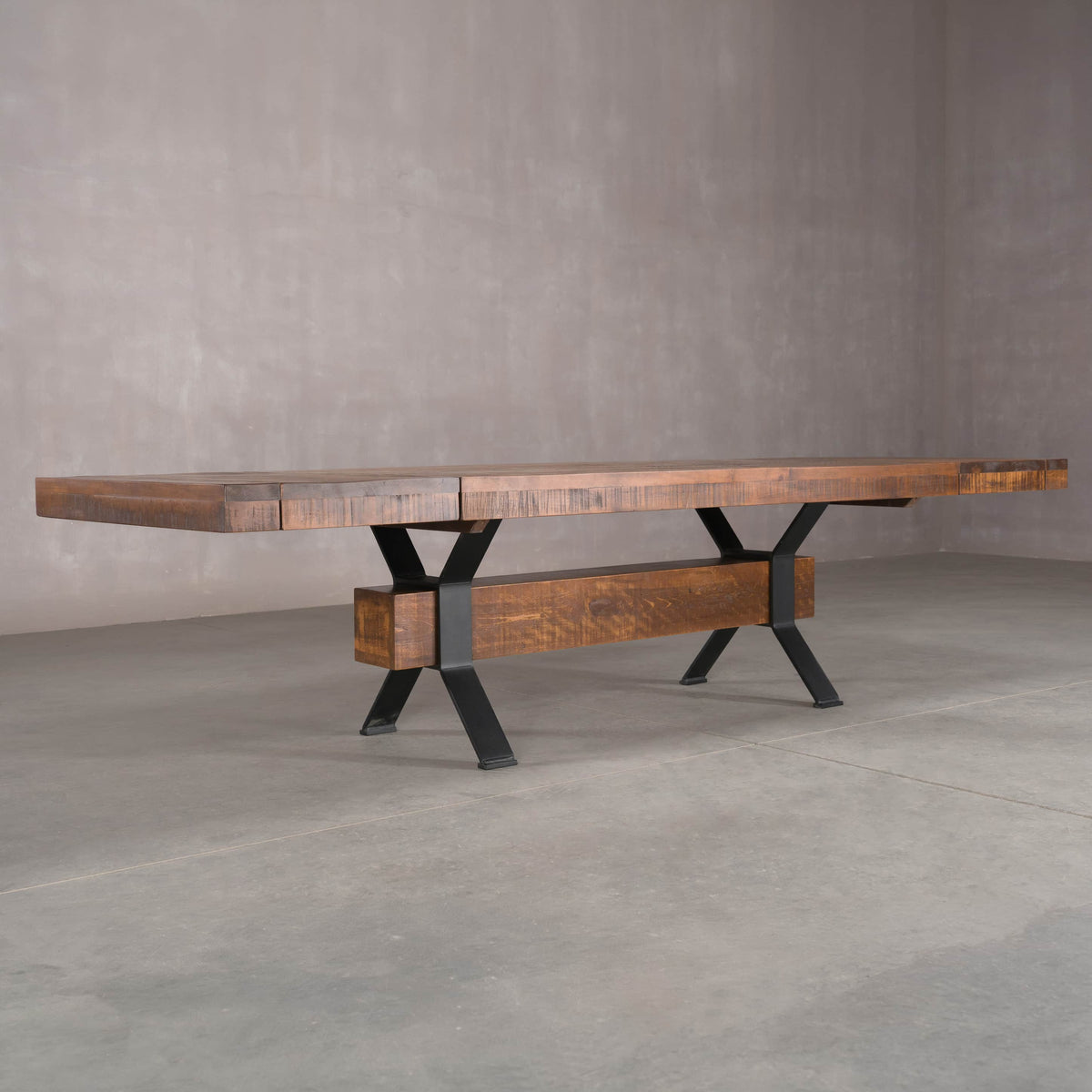 extended rustic maple trestle table finished in cinnamon; 42