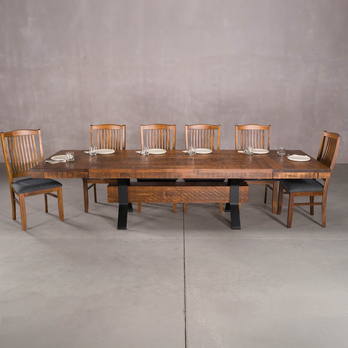 extended rustic maple trestle table finished in cinnamon; 42