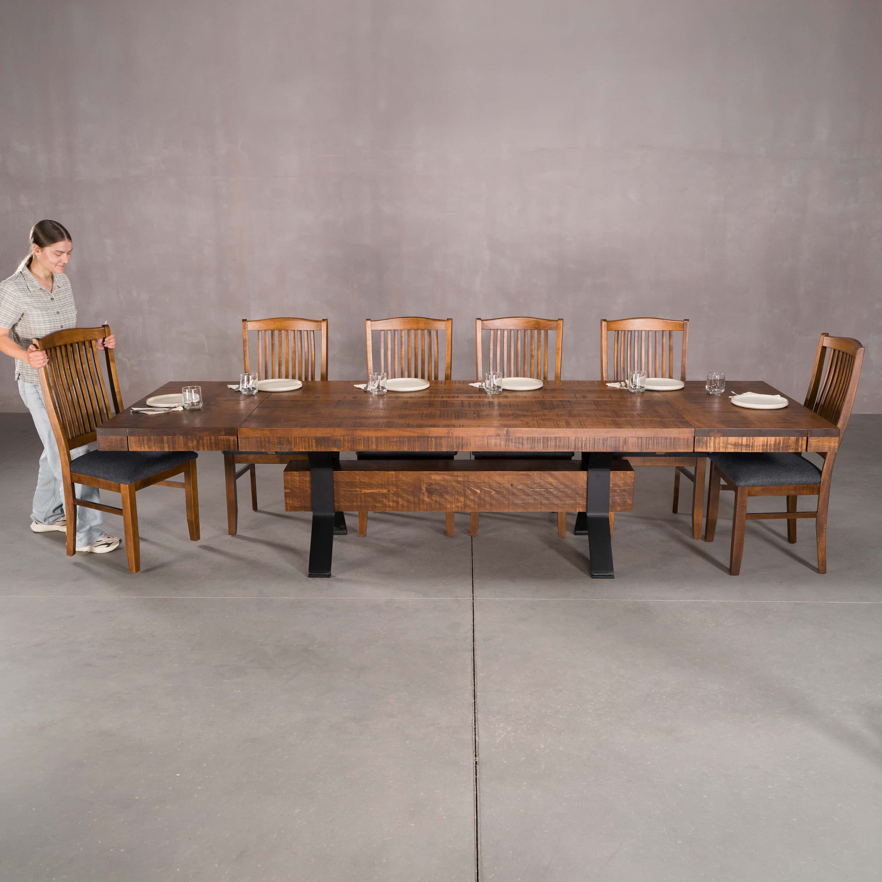 extended rustic maple trestle table finished in cinnamon; 42