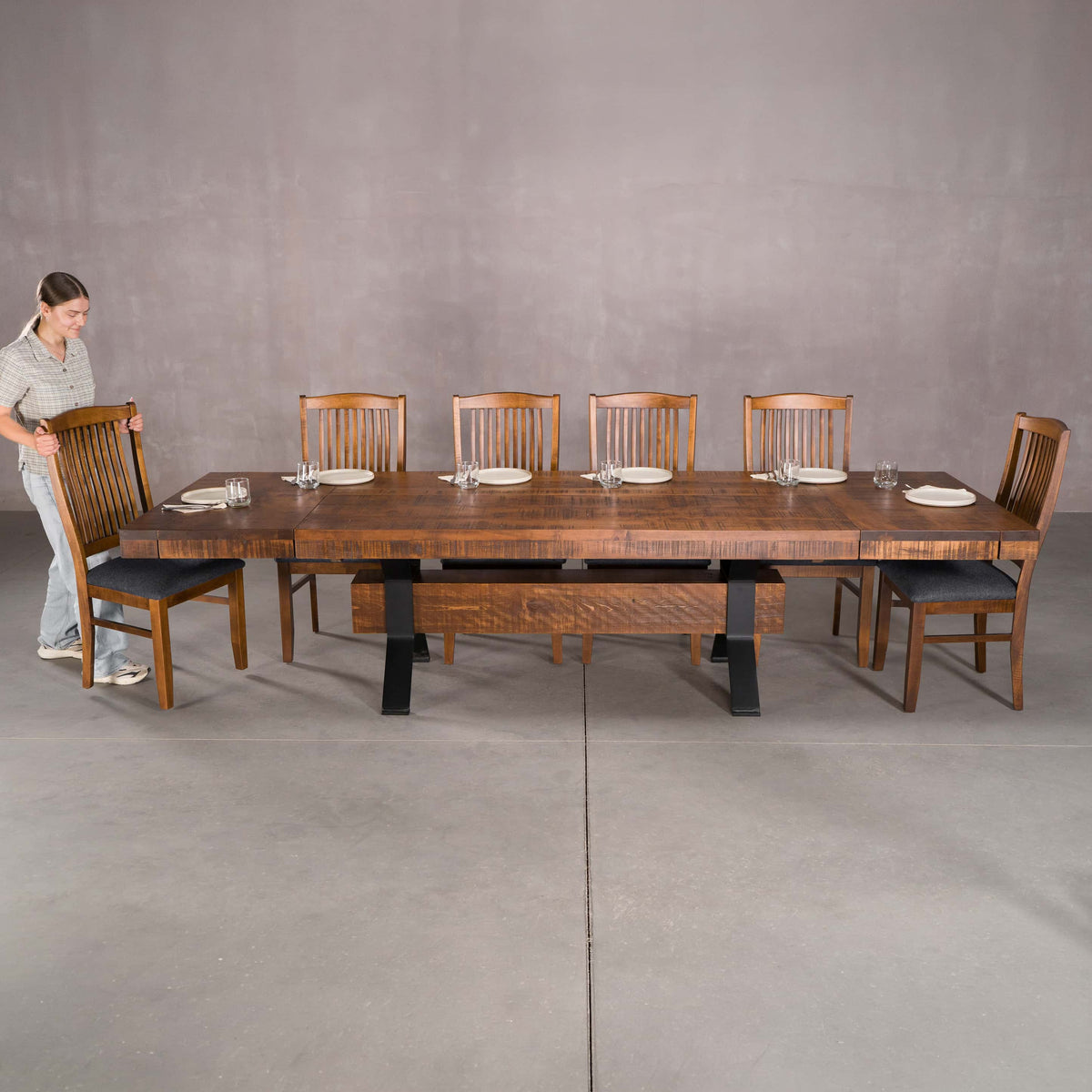 extended rustic maple trestle table finished in cinnamon; 42