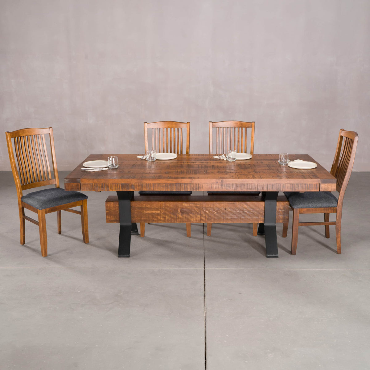 extended rustic maple trestle table finished in cinnamon; 42