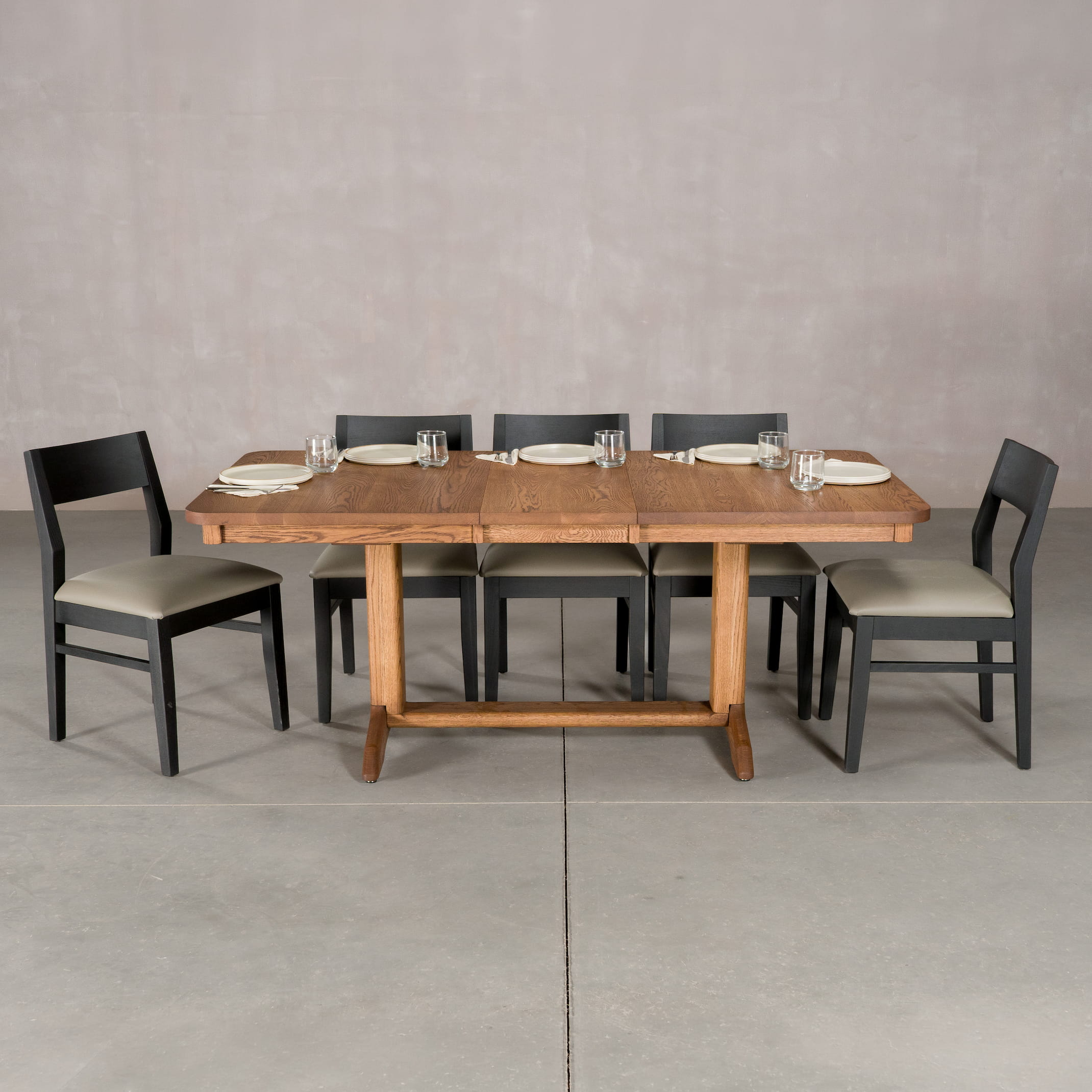 rectangle extendable Oak table 36 wide x 57” long, with 1-15” leaf finished in Cortado D on Tobin base; shown with Aubrey chairs