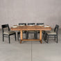 rectangle extendable Oak table 36 wide x 57” long, with 1-15” leaf finished in Cortado D on Tobin base; shown with Aubrey chairs
