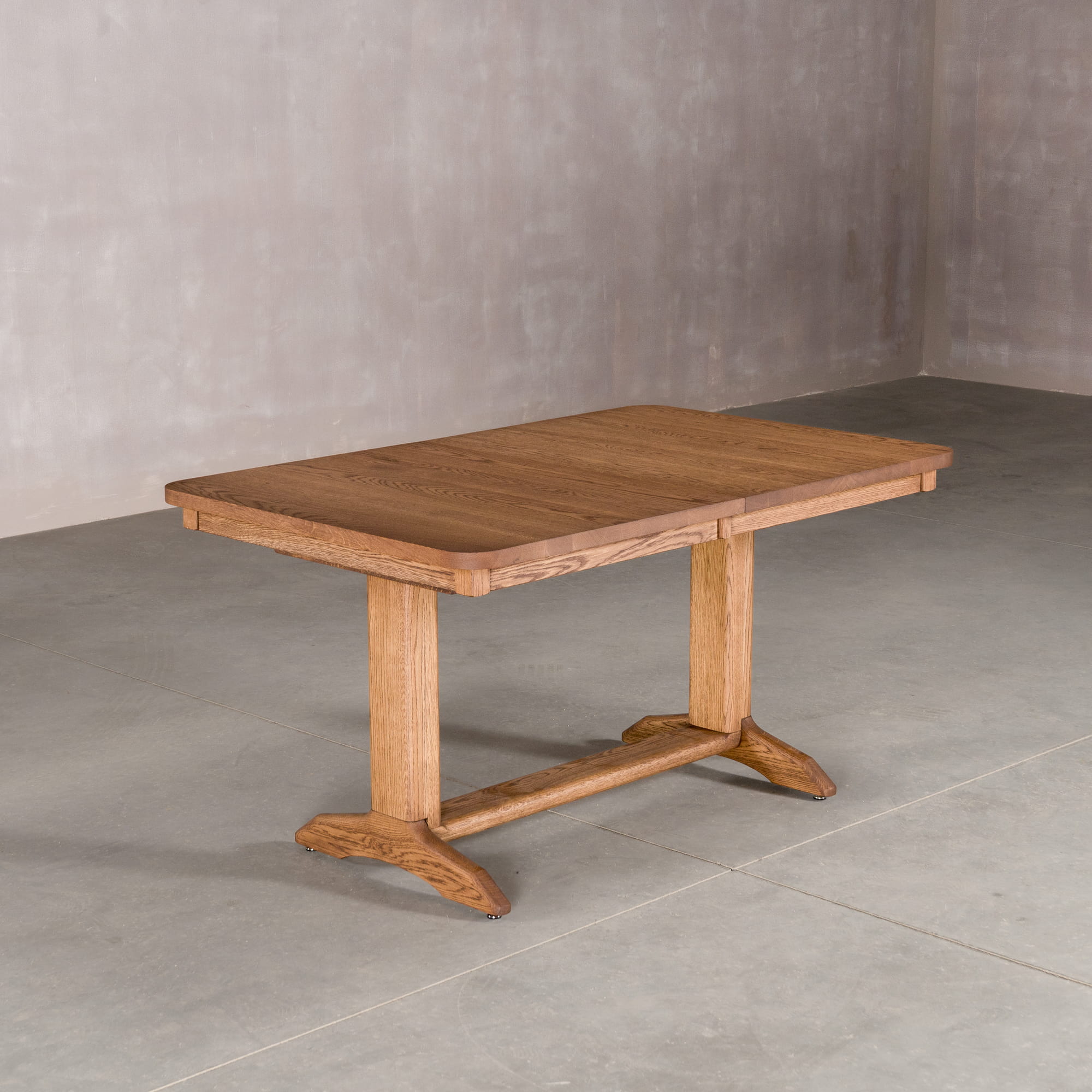 rectangle extendable Oak table 36 wide x 57” long, with 1-15” leaf finished in Cortado D on Tobin base