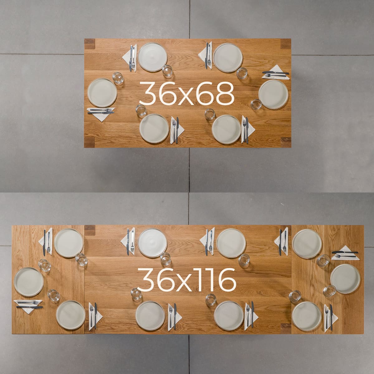 graphic showing seating at an extendable Oak Parsons table 36” wide x 68” long, finished in Pure D 