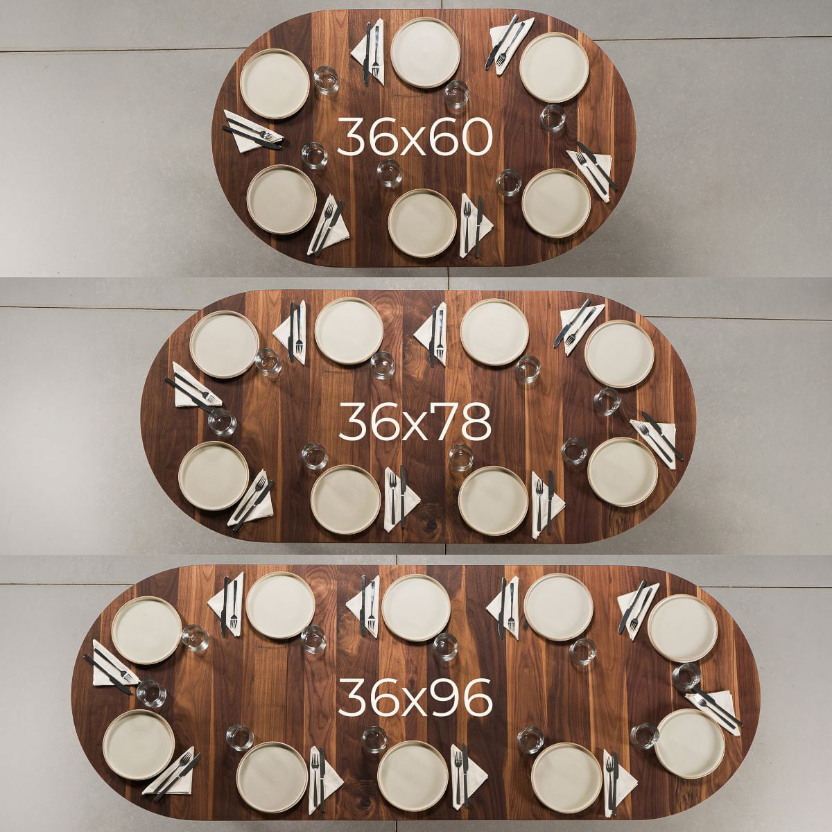 graphic showing seating at an oval table with and without leaves