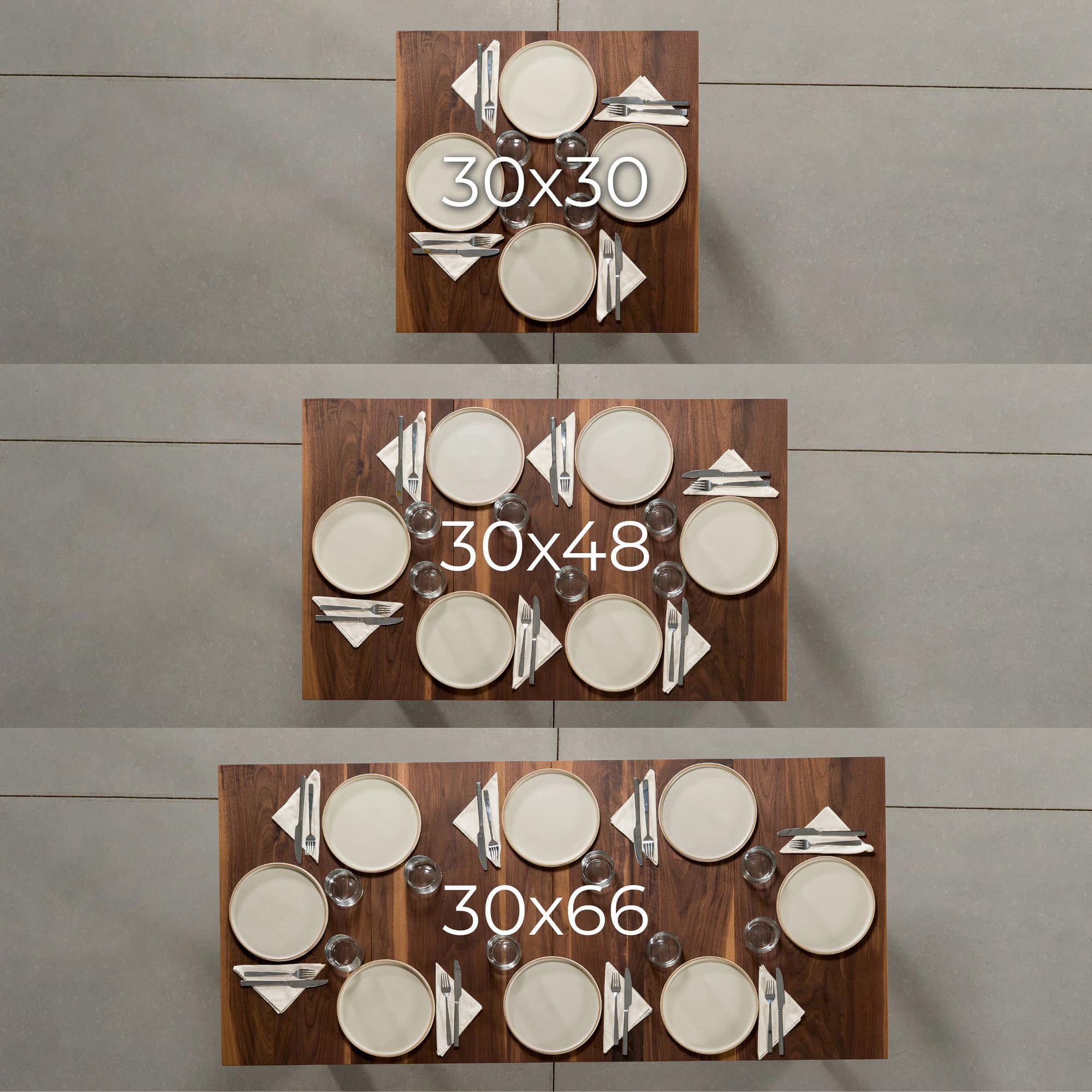 graphic showing seating at a square extendable Walnut table 30” wide x 30” long with no leaves, 1-18