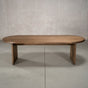 racetrack oval White Oak table 42” wide x 100” long, finished in Dark Roast D on Panuke Trestle base
