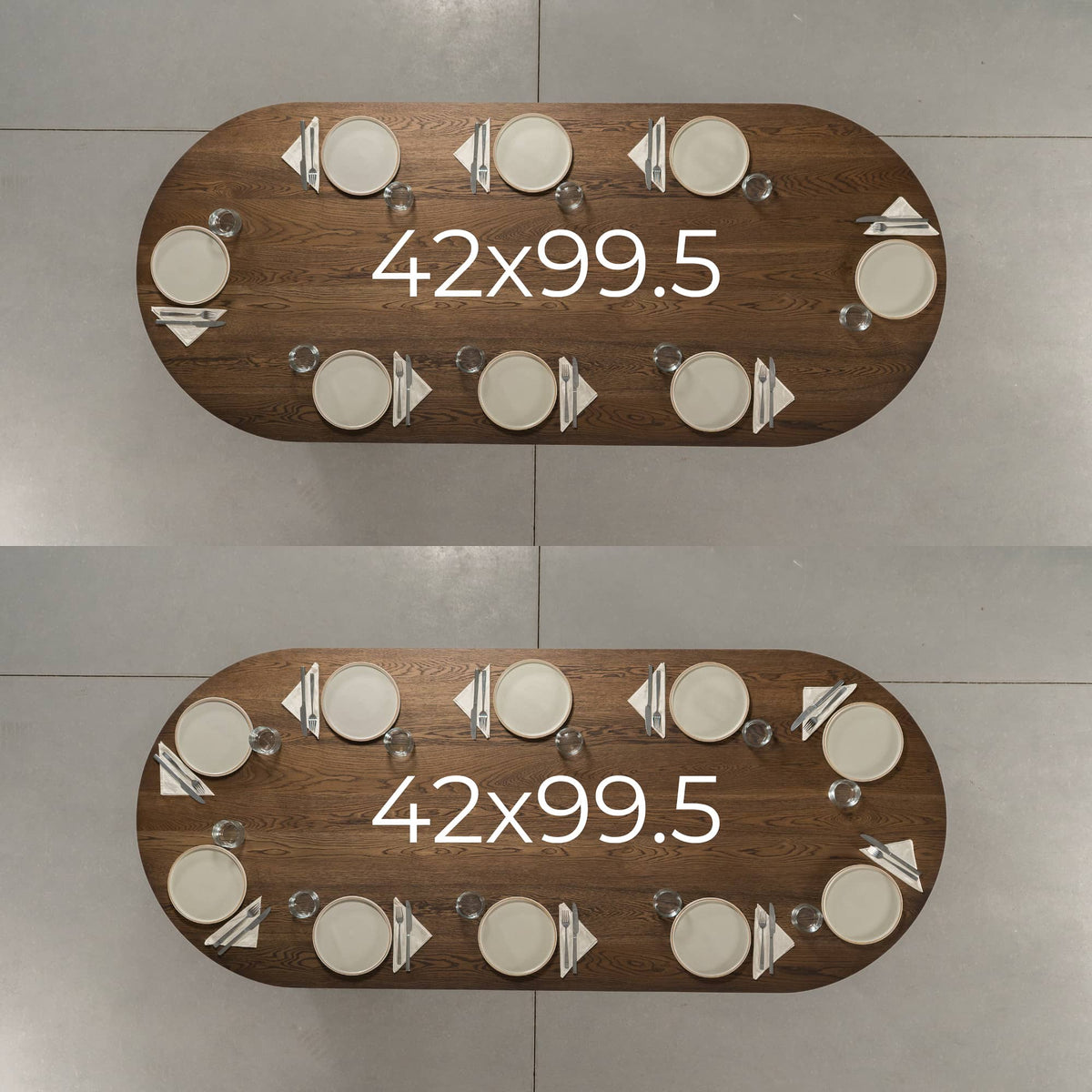 seating at a racetrack oval White Oak table 42” wide x 100” long, finished in Dark Roast D