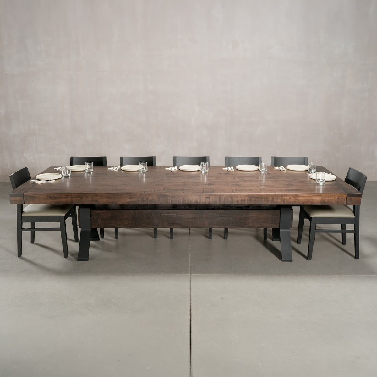 a Rustic Mapletable 48” wide x 120” long, finished in Mocha on Echo base; shown with Aubrey chairs
