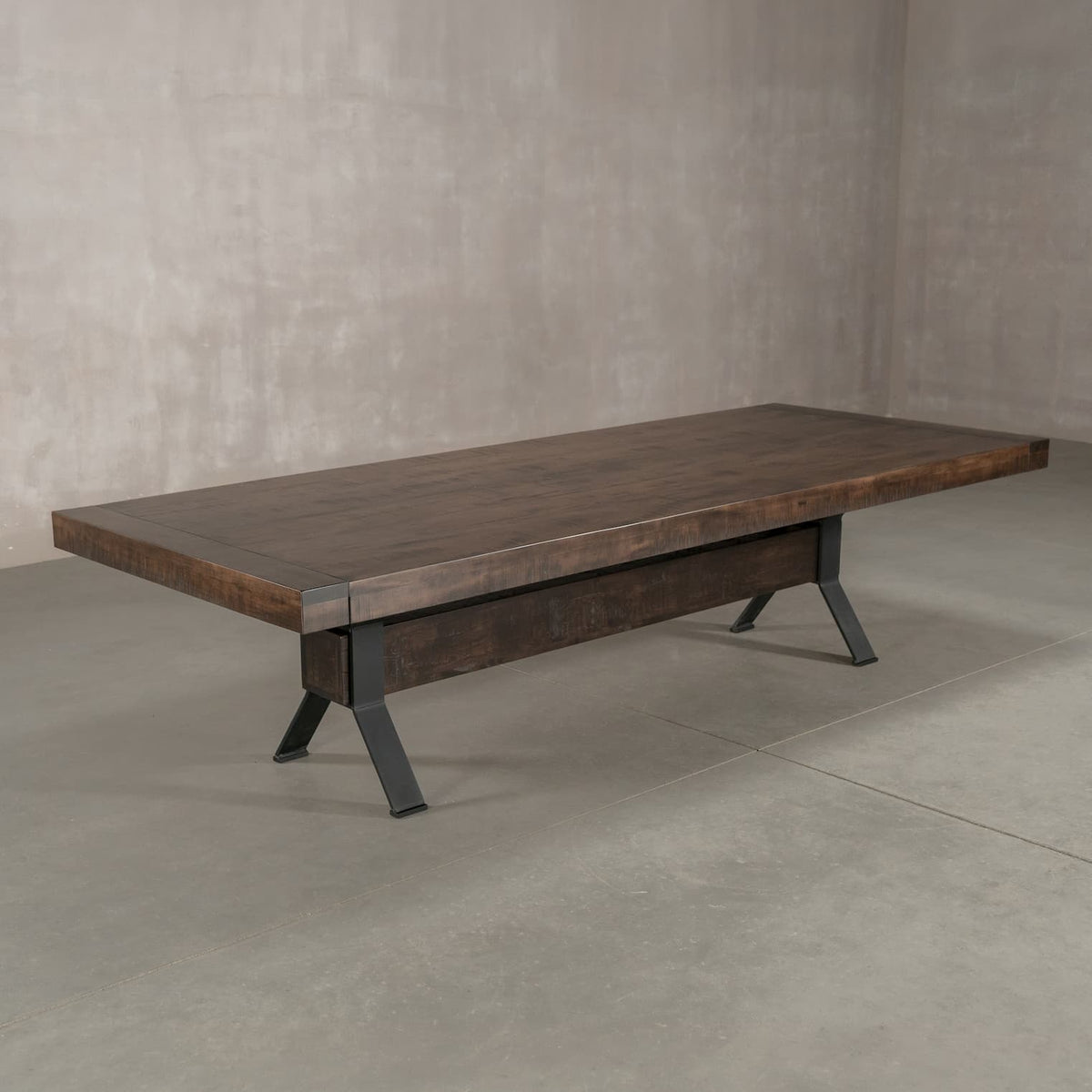 a Rustic Mapletable 48” wide x 120” long, finished in Mocha on Echo base
