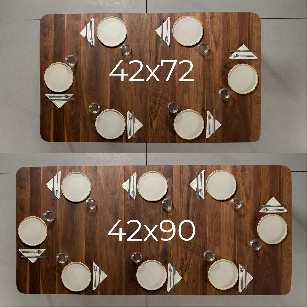 seating at an extendable Walnut table 42” wide x 72” long, with 1-18” leaf finished in Pure D 
