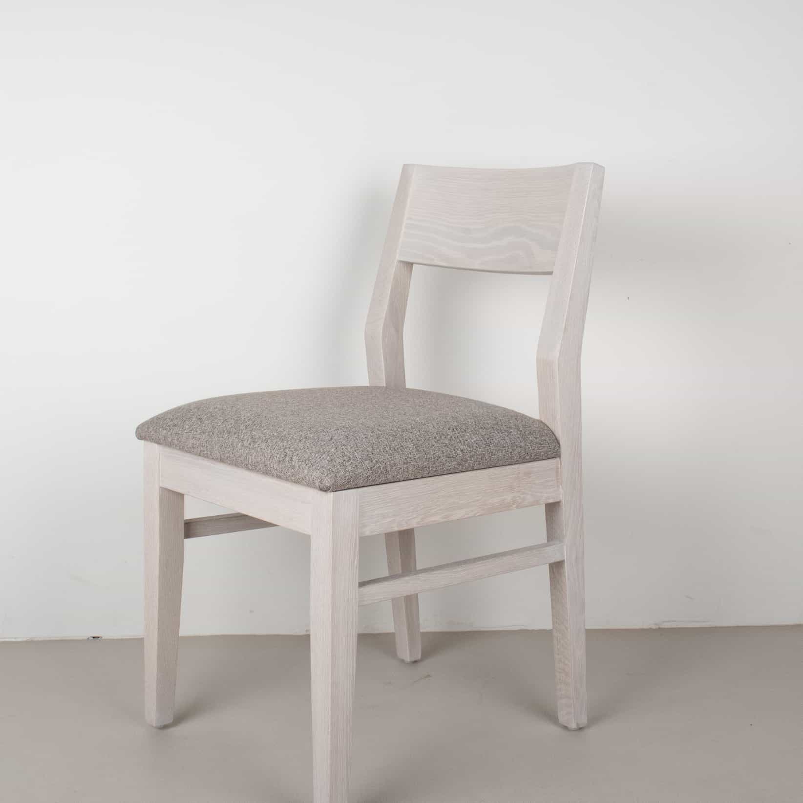 clay fabric seat on white oak chair
