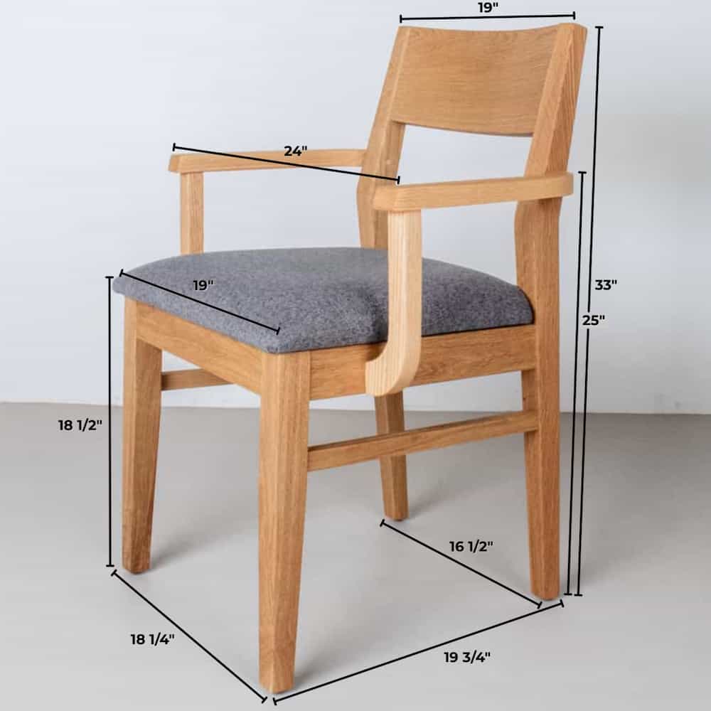 dimensions on aa White Oak Aubrey Armchair finished in Pure D with Graphite fabric seat