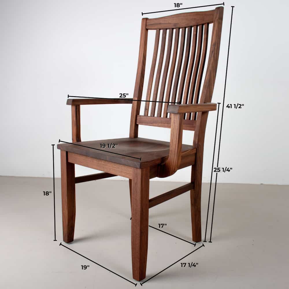 dimensions of a high back dining chair with arms in Walnut