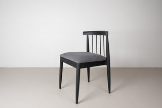 midcentury oak dining chair with medium gray fabric seat