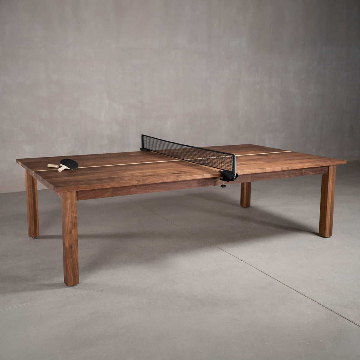 custom walnut ping pong table with net and paddles 