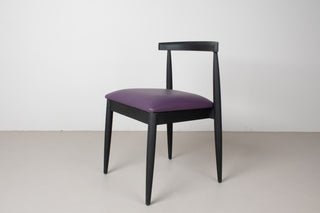 midcentury oak dining chair with purple faux leather seat