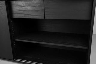 wood sideboard made with black ash with 2 drawers and 4 shelves