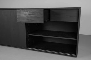 wood sideboard made with black ash with 2 drawers and 4 shelves