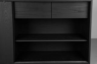 wood sideboard made with black ash with 2 drawers and 4 shelves