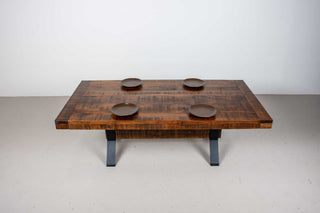 rustic maple dining table in cinnamon on industrial cross base with wood beam