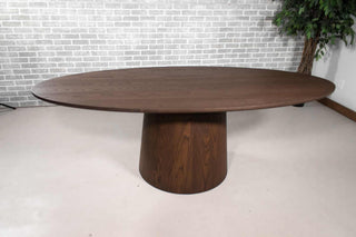 elliptical oval table in oak on cone pedestal base