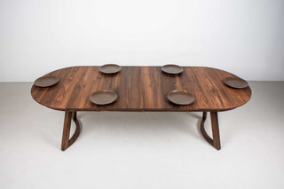 mid century modern oval extendable table in walnut on modern legs